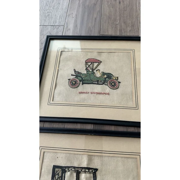 6 VINTAGE COMPLETED EMBROIDERY Antique Cars Framed Old Frames - Picture 3 of 9
